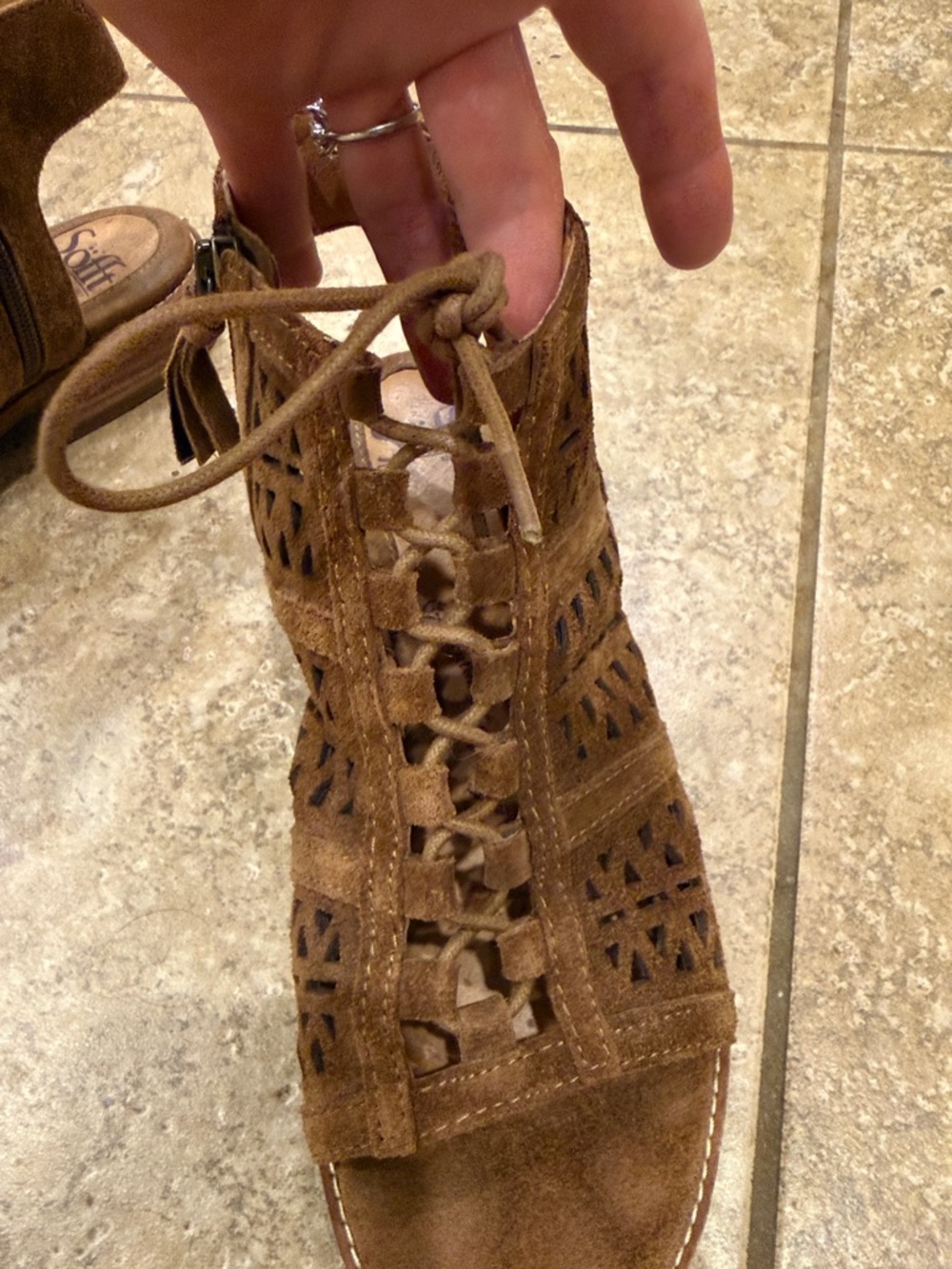 Sofft Brown Suede Laser-Cut Lace-Up Open Heel Sandal - Picture 4 of 11